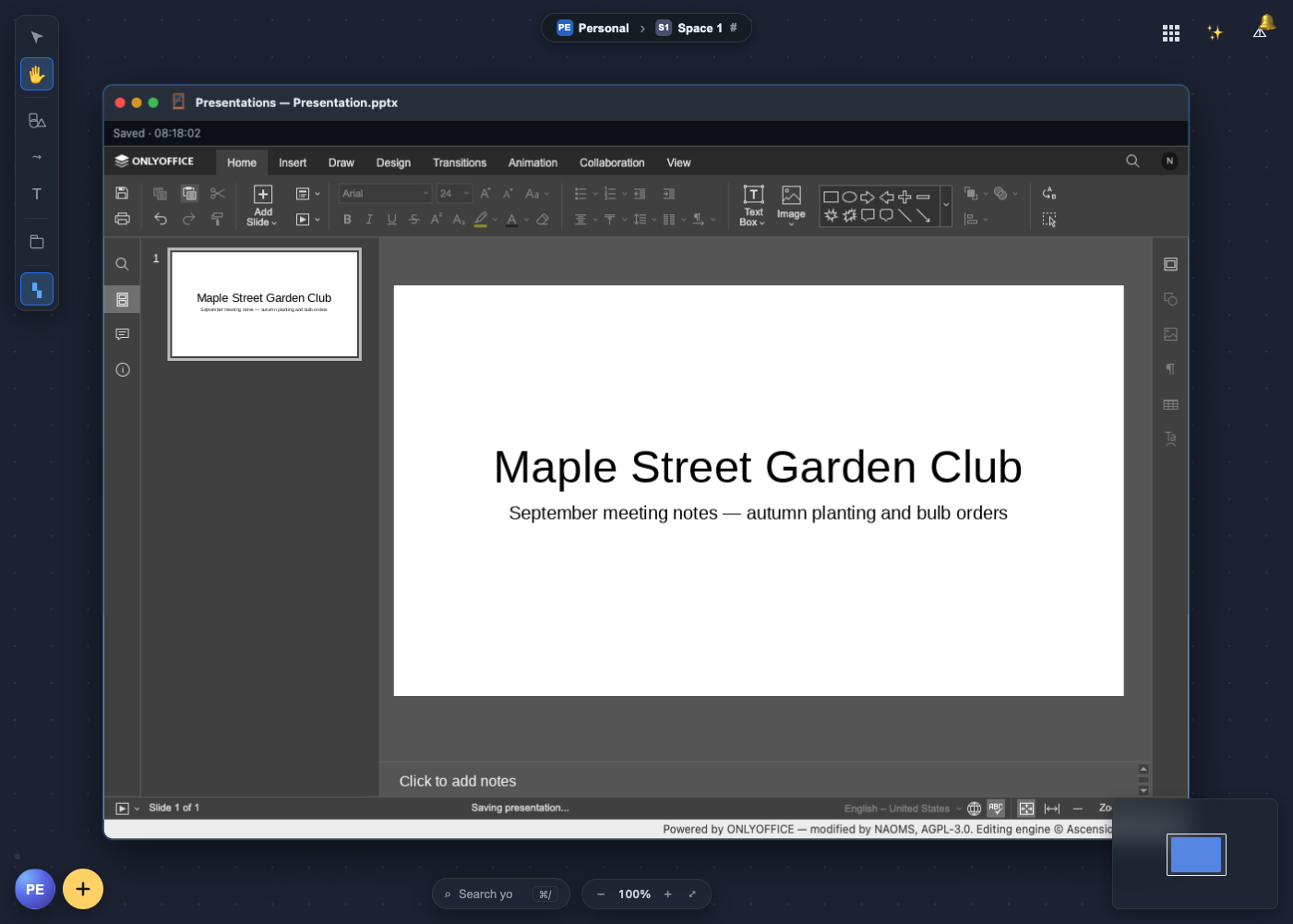 A Presentations window on the NAOMS canvas showing a title slide, "Maple Street Garden Club — September meeting notes — autumn planting and bulb orders". The NAOMS strip reads "Saved" with a timestamp of eight eighteen and two seconds. Captured 27 Sep 2026.