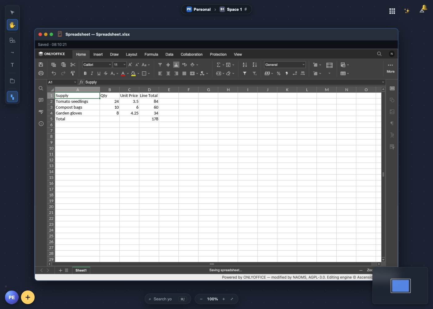 A Spreadsheet window on the NAOMS canvas with a small supply-cost list (tomato seedlings, compost bags, garden gloves) and a Total row of 178. The NAOMS strip reads "Saved · 08:10:21". Captured 27 Sep 2026.