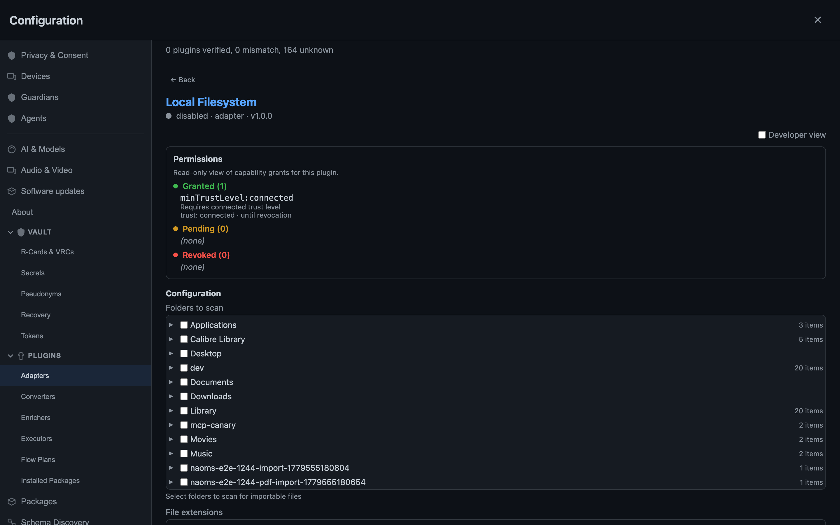 Connecting a local source: the Local Filesystem adapter, where you grant specific folders — Documents, Downloads, Desktop and the rest — and it syncs their contents into your own NAOMS storage, essentially copying them in. Explicit, revocable consent; nothing is copied until you say so.